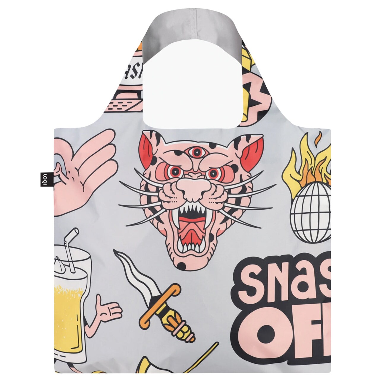 LOQI Artist Reusable Shopping Bag, One Size, Snask Tiger Snake Beer Grey